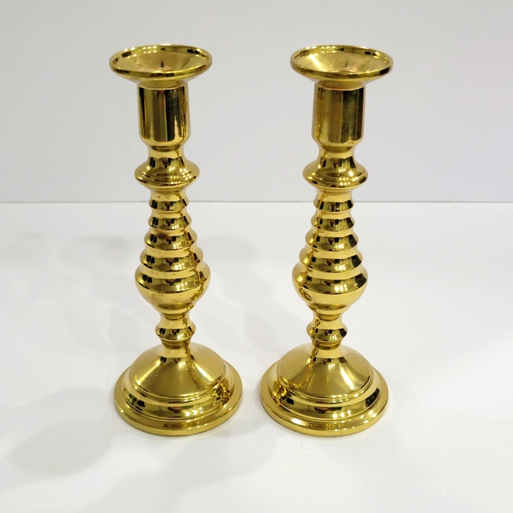 Solid Brass Pair of 7" Harvin Beehive Candlestick Holders Heavy